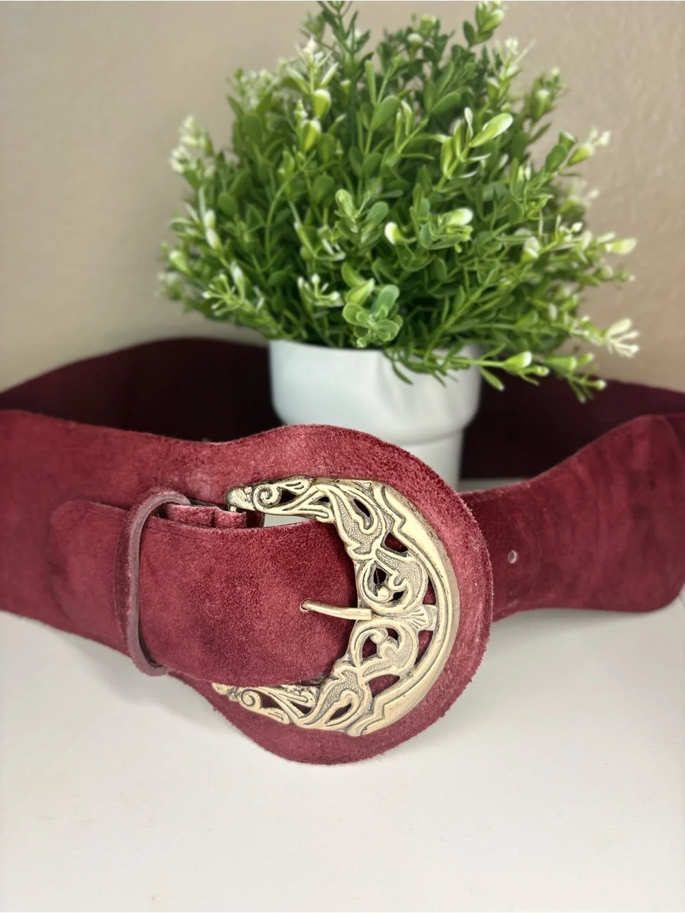 Wide Suede genuine leather Belt with Ornate Gold Buckle - BurgundyL/M